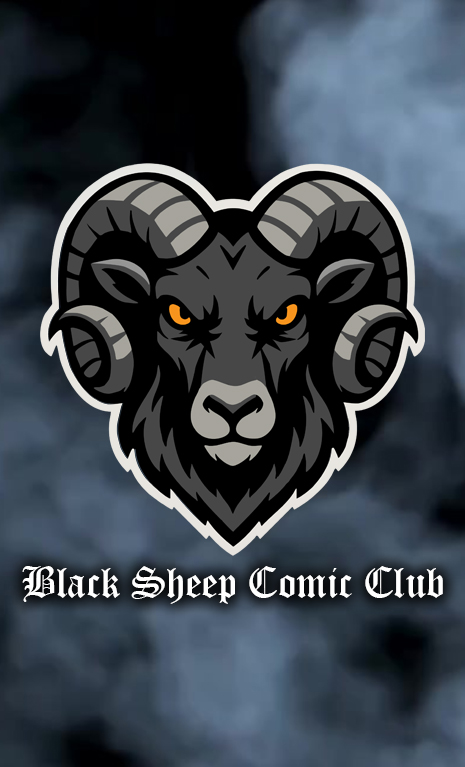 A dark foggy background featuring the Black Sheep Comic Club logo prominently in the center