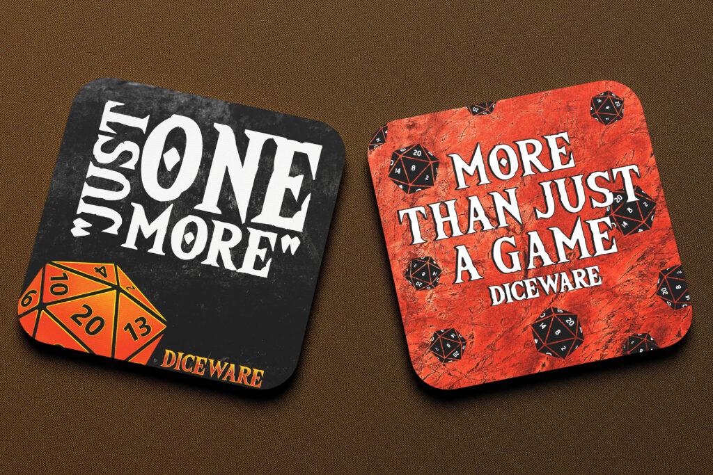 One black and one orange round square with a game board slogan and dice.