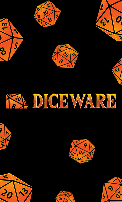 A collection of orange dice is spread across the image, featuring a central logo labeled "DiceWare."