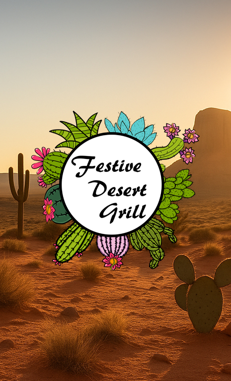 A stunning desert-themed design featuring the Festive Desert Grill logo prominently at the center of the image