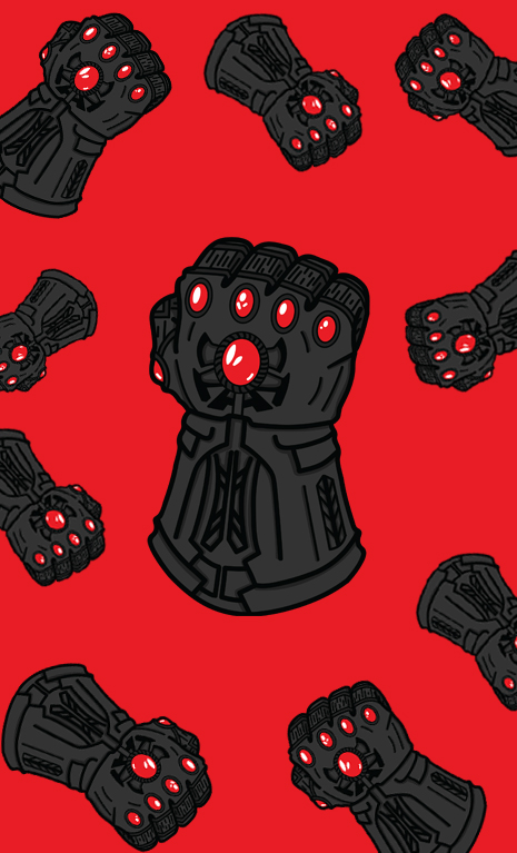A collection of black infinity gauntlets against a red background