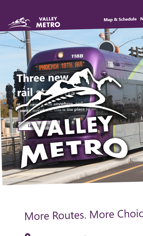 The website features a purple design, showcasing a photo of a rail system and includes a white logo that reads "Valley Metro."