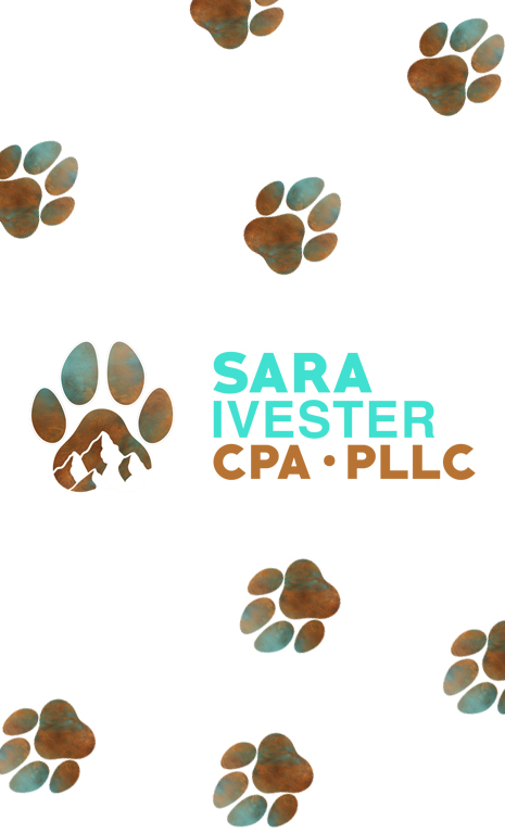 An abstract design featuring a mix of teal and brown, with dog paw prints walking across the image.
