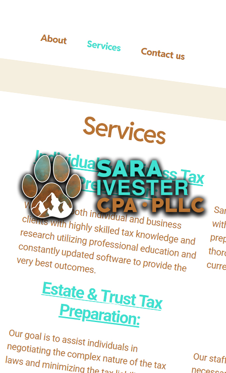 Teal and brown text explains various tax services with a logo in the center of the picture.