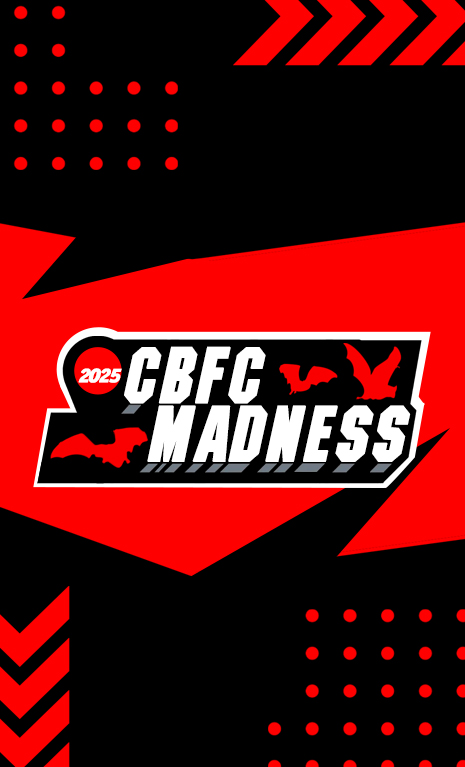 A red abstract banner spans the image, set against various abstractions in the background.