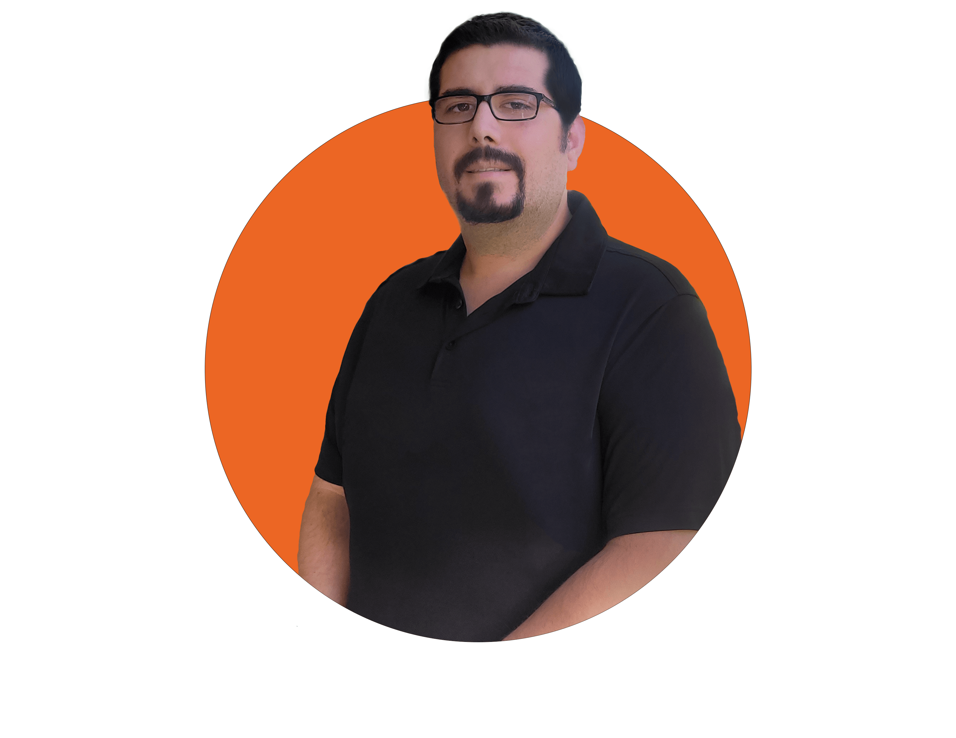 A White Man wears the black polo with the orange background