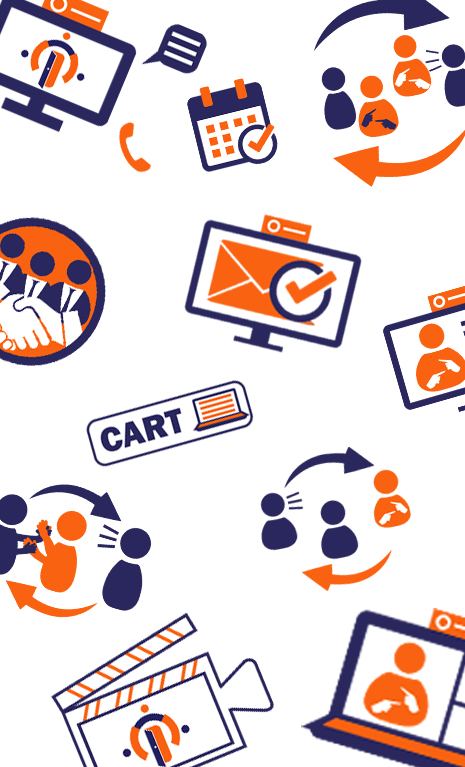 A variety of blue and orange icons representing interpreter services.